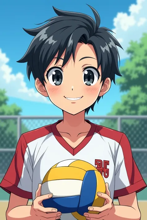 anime、high school、Volleyball Club、 handsome、cool、male、kind、Dark Eyes、bright、bright瞳孔、 black hair side cut、smile、 from the front、 cool、Unshaven、Smooth skin、 shiny hair 、 volleyball 、Im doing volleyball 