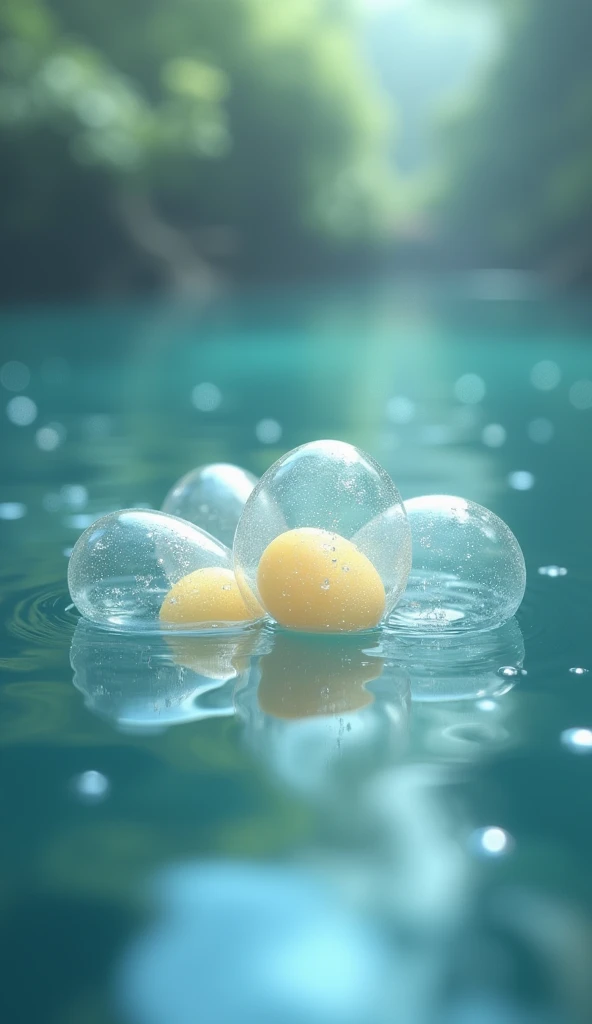 A cluster of small, transparent eggs in water.