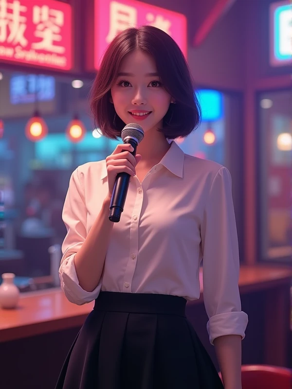 Beautiful 25-year-old Korean girl singing a song , Beautiful 25-year-old Korean woman holding a microphone at a karaoke bar, Short hair,  white shirt, Black H line skirt ,  big boobs,  beautiful girl , Office worker, Smiling face, Breasts slightly visible