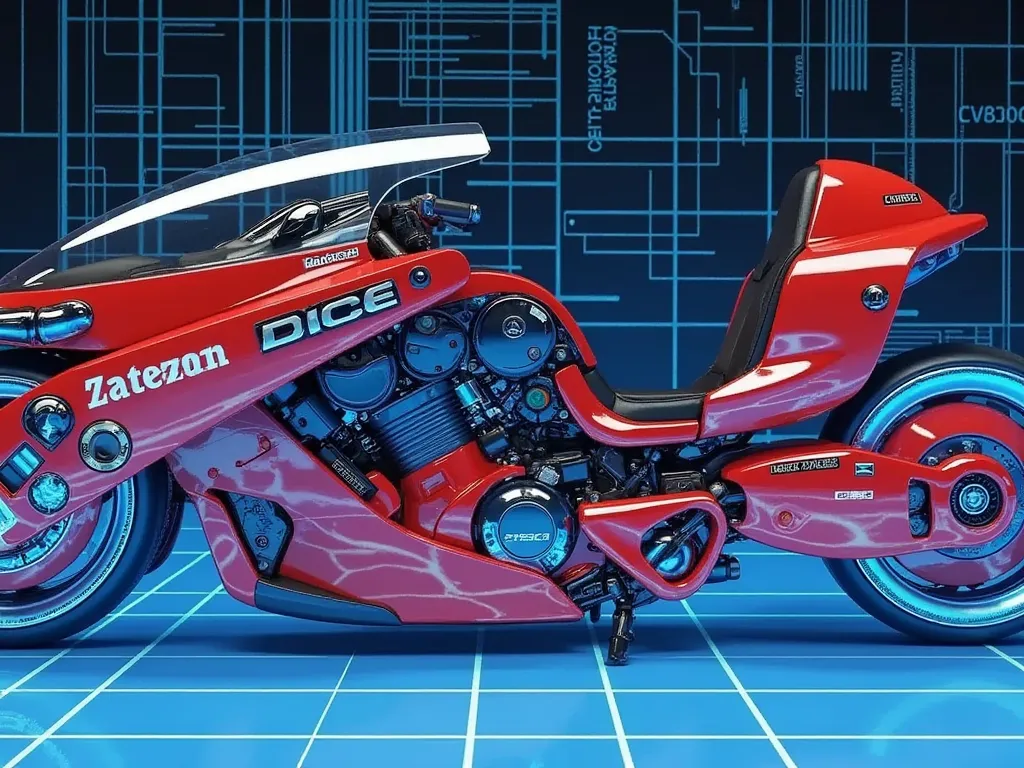 Akira Bike,(masterpiece:1.2,Exceptional Quality,Mirror-like,Cinematic Experience,best illustration:2.0,Super detailed),8k,wallpaper,(Future Hyper akira bike blueprint:2.0),(detailed Hyper bike description data :2.0),(3D hologram Hyper bike :2.0),(blue square line floor:2.0),(cyberpunk:2.0),(future:2.0),(bike Machinery:2.0),("DICE" hologram logo),(square line wall :2.0)