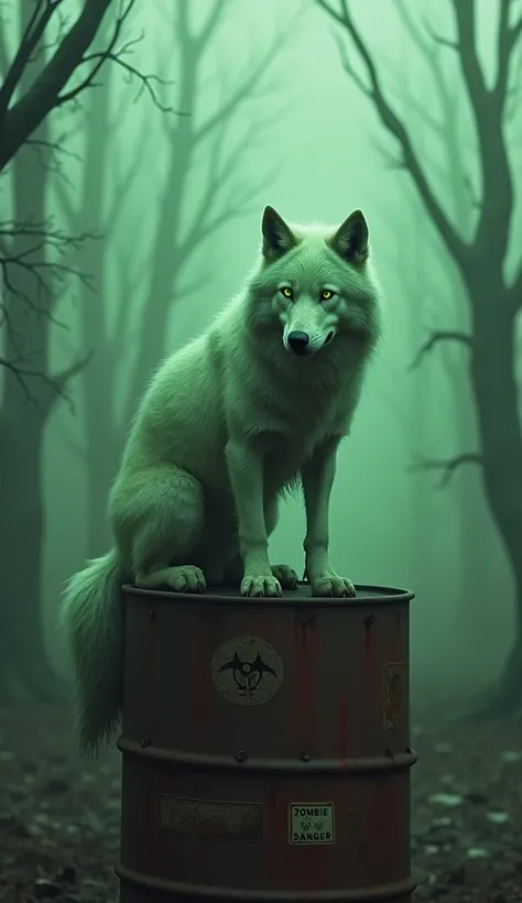 "Create an eerie scene featuring a ghostly pale green wolf perched on a rusted barrel marked with a biohazard s ymbol and the words ZOMBIE DANGER. The wolfs piercing, unnatural gaze adds to its supernatural presence, an d its fur appears matted and lifeles...