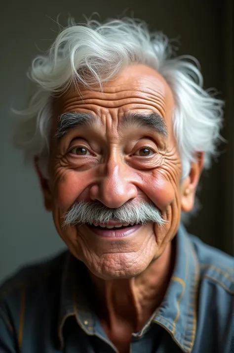 A man face with white hairs and black moustache big eyes smiling 