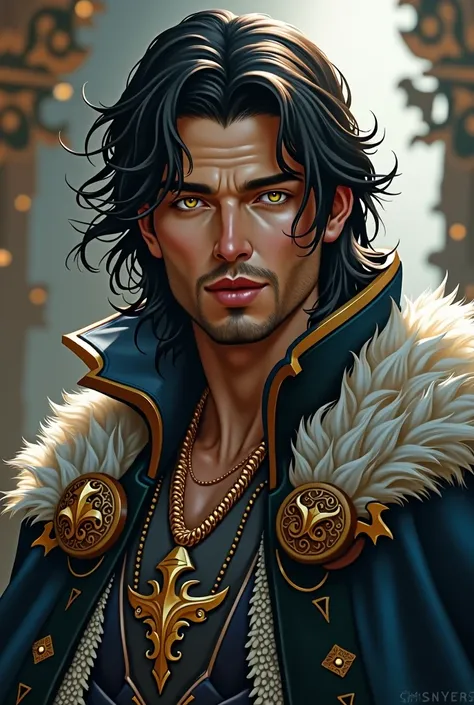 A handsome prince with black hair and golden eyes, fantastic ilustration