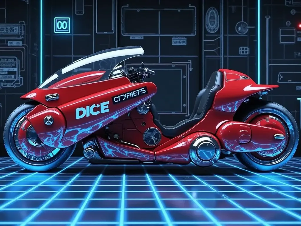 Akira Bike,(masterpiece:1.2,Exceptional Quality,Mirror-like,Cinematic Experience,best illustration:2.0,Super detailed),8k,wallpaper,(Future Hyper akira bike blueprint:2.0),(detailed Hyper bike description data :2.0),(3D hologram Hyper bike :2.0),(blue square line floor:2.0),(cyberpunk:2.0),(future:2.0),(bike Machinery:2.0),("DICE" hologram logo),(square line wall :2.0)