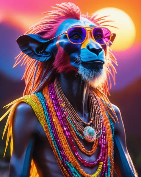 concept art, body shot of a  Rafiki, at Sunset. Vibrant, groovy, retro 70s style, shiny, neon lights, highly detailed crystalz