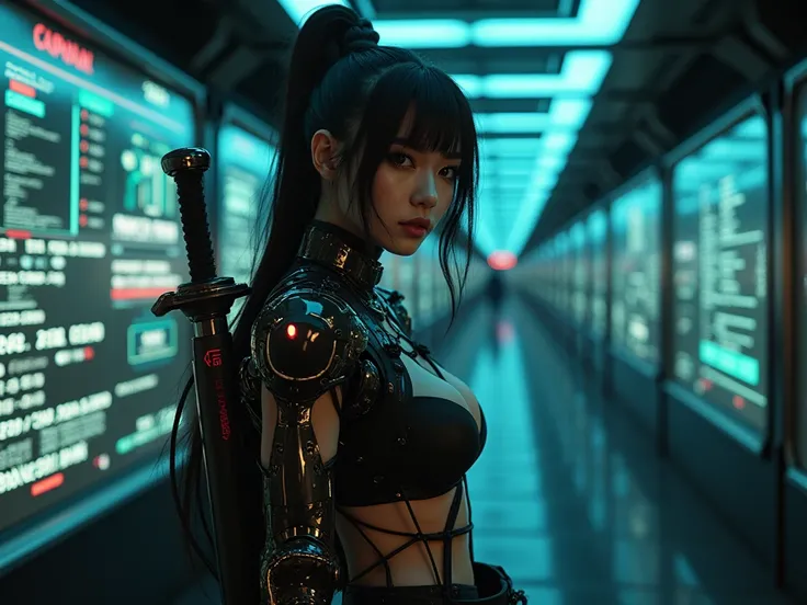 ((((looking at camera)))),(photorealistic, large-breast ),a beautiful girl, beautiful korea faceA fashion runway for alien technology ,Reveal full breasts,Big breasts, Cyberpunk fashion photography ,  photorealistic, large-breast ,((full body)), (( Realist...