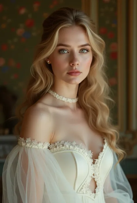 Beautiful woman, inspired by Alexandre Cabanel, beautiful long white dress, russian white clothes, choker, victorian, beautiful, aristocratic, Wallpaper, ultra high resolution, (photorealistic:1.4), cinematographic