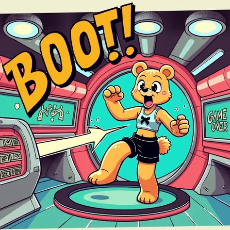 "A vibrant, retro-themed illustration inspired by 1950s sci-fi and Googie architecture, featuring an anthropomorphic female bear character with light-colored fur. She is inside a futuristic spaceship, designed with sleek, curved lines, neon accents, and bo...