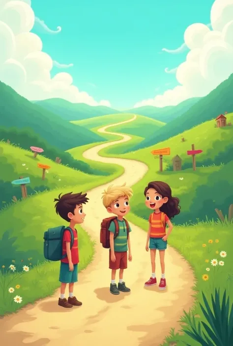 Cartoon of three young people taking different paths 