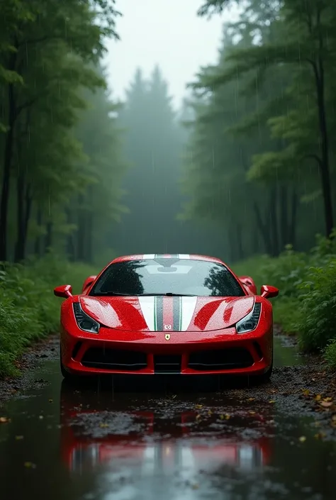 Red  and white color ferrari in green forest,with raining weather 