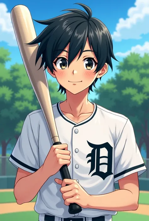 anime、high school、baseball部、 handsome、male、kind、Dark Eyes、bright、bright瞳孔、 black hair side cut、smile、 from the front、 cool、Unshaven、Smooth skin、 shiny hair 、baseball、bat、baseballをやってる