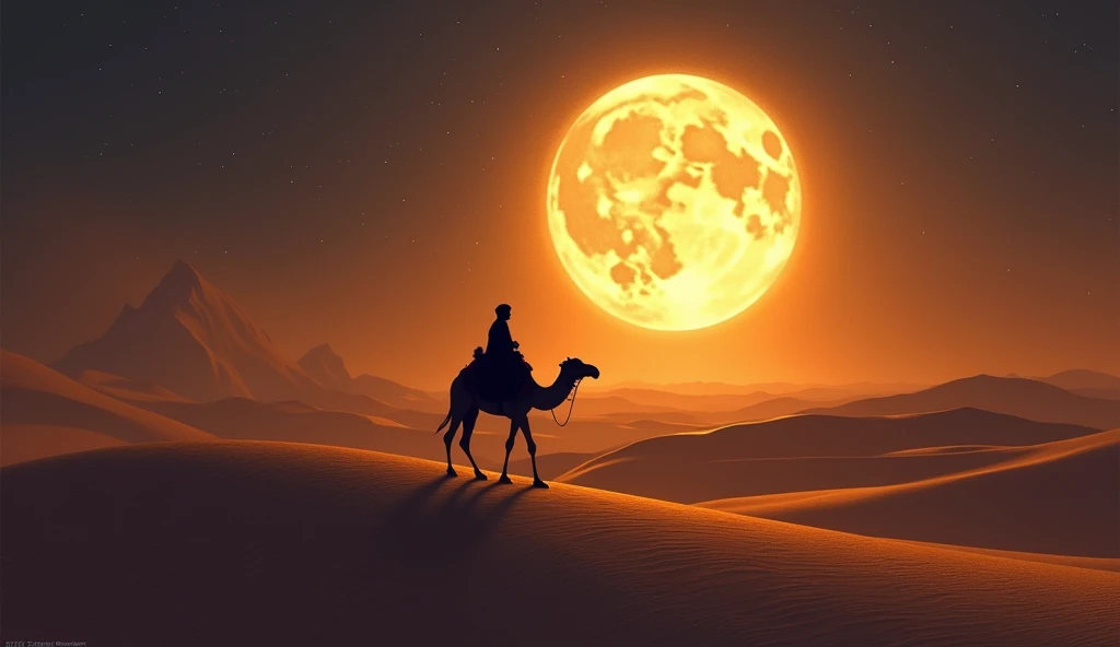 desert　night　Big light yellow full moon　Sand Dunes　camel　camel rider 