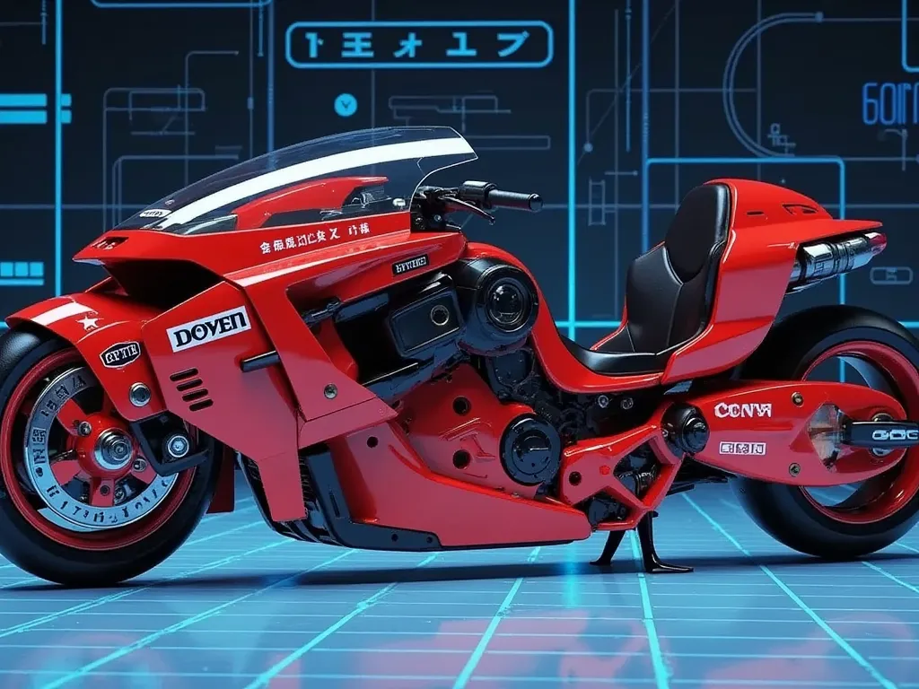 Akira Bike,(masterpiece:1.2,Exceptional Quality,Mirror-like,Cinematic Experience,best illustration:2.0,Super detailed),8k,wallpaper,(Future Hyper bike blueprint:2.0),(detailed Hyper bike description data :2.0),(3D hologram Hyper bike :2.0),(blue square line floor:2.0),(cyberpunk:2.0),(future:2.0),(bike Machinery:2.0),("DICE" hologram logo),(square line wall :2.0)