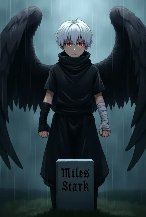  A boy in black ninja clothes with white hair his forearm bandages with dark owl wings and cried red eyes with a serious look stopped with his fists clenched in front of a written headstone "Miles Stark " In sad weather raining anime-style 