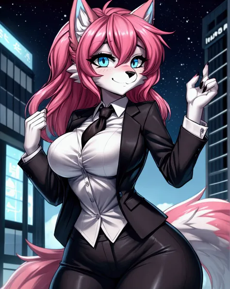 black with pink hair, Wolf woman anthropomorphism, Dark Brown and light blue, nightcore, loose and fluid, A business suit, Spectacular backdrop, drugged and disturbed, she have a beautiful how look happy but her eye look empty, My clothes are a little loos...