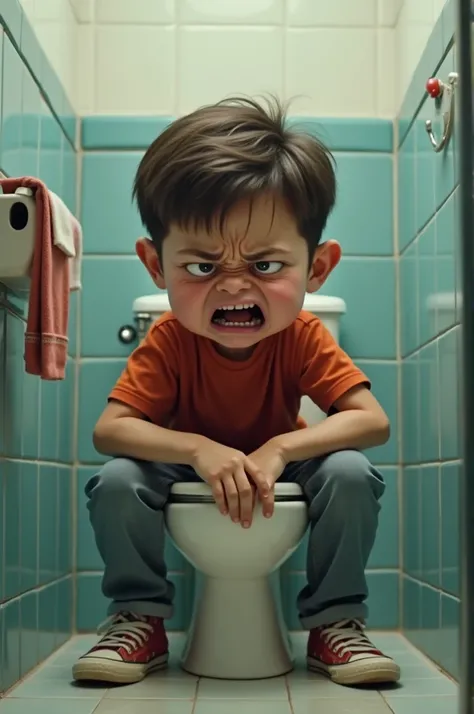  Oi creates an image of a boy with severe stomach pain sitting on the toilet working hard.  Shocking and slightly funny image . Horizontal dimension 