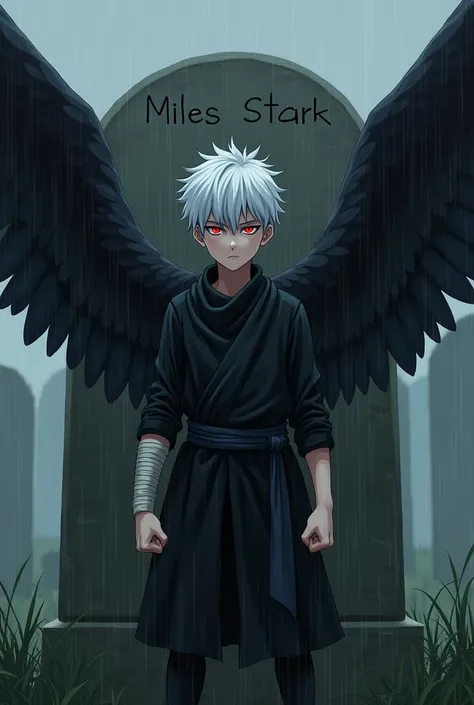 A boy in black ninja clothes with white hair, his forearm bandaged with dark owl wings and red eyes, and a black hoodie crying with a serious look standing with his fists clenched in front of a written headstone "Miles Stark " In sad weather raining anime-...