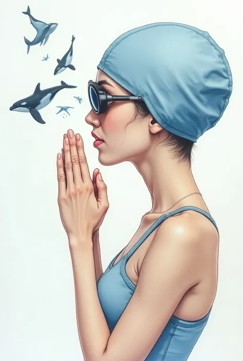 Drawing of a female swimmer wearing a lycra hat and professional lenses in profile view , Put your hands together and tilt them horizontally, bending your wrists with your fingers forward at chin level, accompanying your blow;  profile whales and mantaraya...