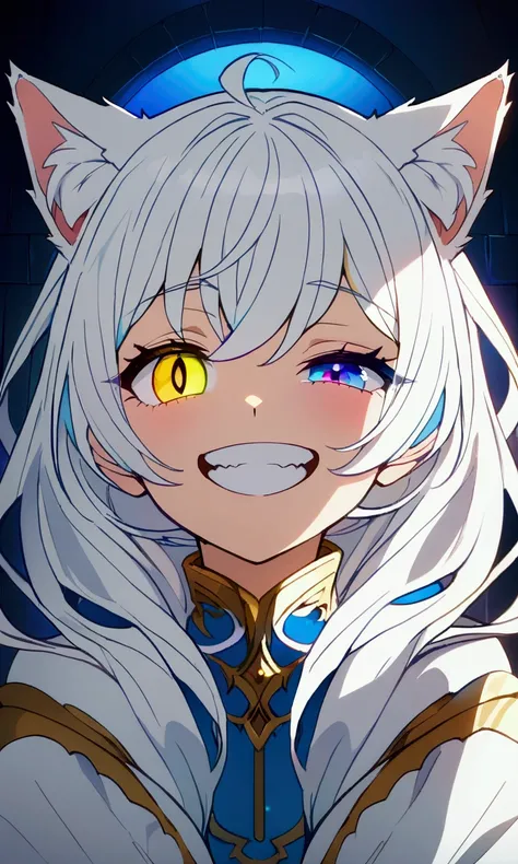 best quality , ultra detailed ,  highres icon ,anime style , from front , whole body , look at viewer ,One woman, ((long white hair)), (( heterochromia,yellow right eye,blue left eye)), cat ears, (well-aligned teeth:1.5),close-up,laughing