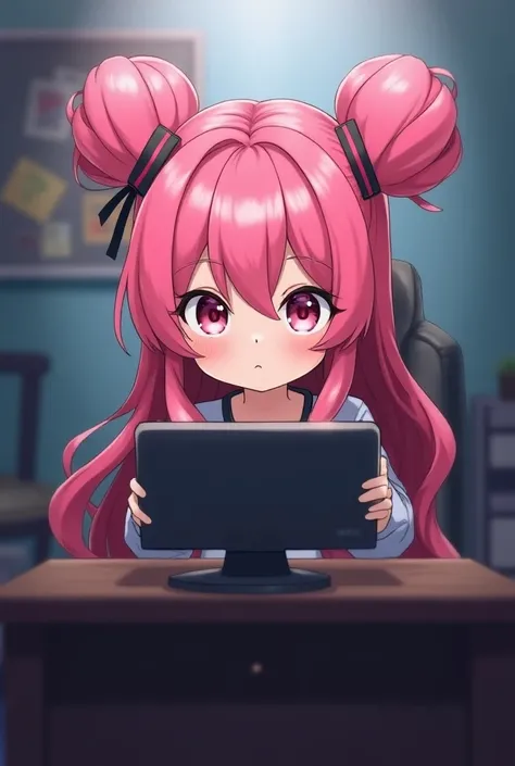 Two buns pink hair girl
Sitting on a chair 
Looking at a monitor
Gamer girl 
Facing back
Thumbnail
