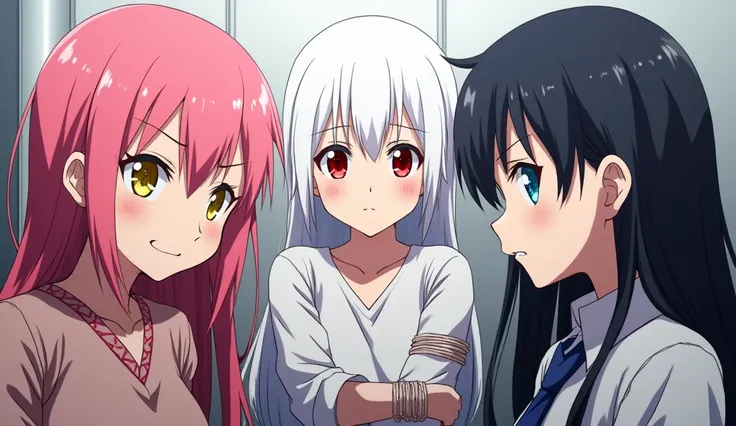 3 girls; Left girl has pink hair and yellow eyes and is smirking; Middle girl has white hair and red eyes and looks confused while her arms are tied up; Right girl has black hair and blue eyes and is smirking; anime style