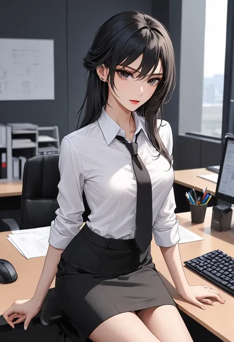 латиноамериканка, arafed woman in a black skirt and white shirt sitting in front of a computer, office clothes, girl in a suit, ...