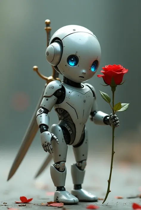 Blue-eyed baby robot carrying a sword on its back and delivering a red rose