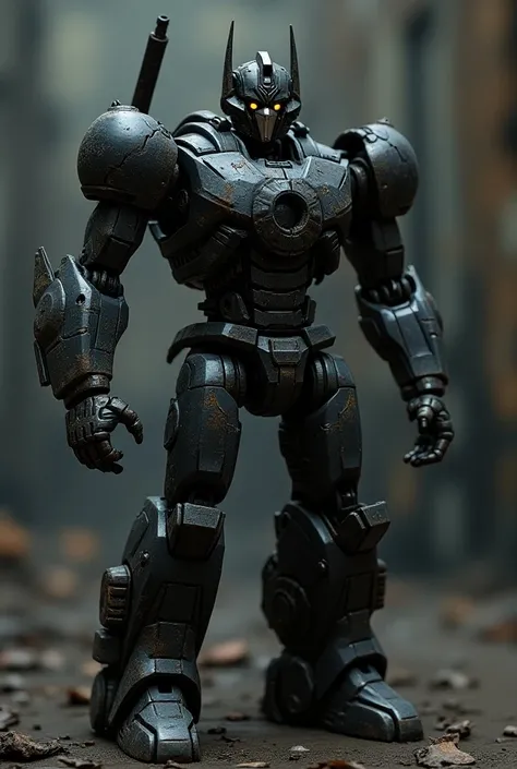 A black and grey acybertronian with no tansformstion cog in their chest, a dirty grey and black color scheme, transformers one look, hole in the center of their chest with an empty cog