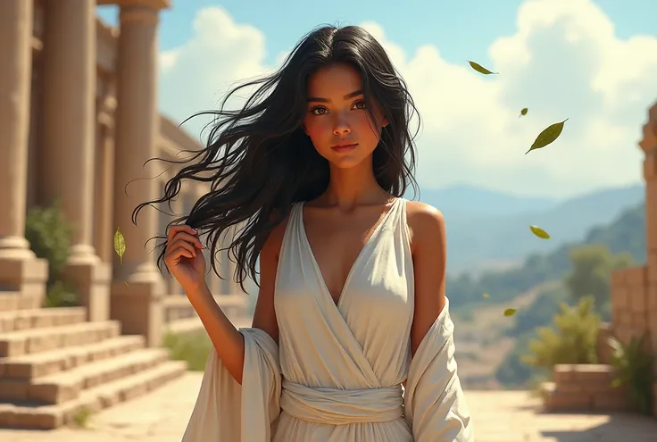 1 girl, Black Hair, Long Hair, Messy Hair, Brown eyes, Brown Skin, Toga Outfit (White), Ancient Roma Background, Soft wind, flying leaves, clear day, vibrant day, Holding Hair