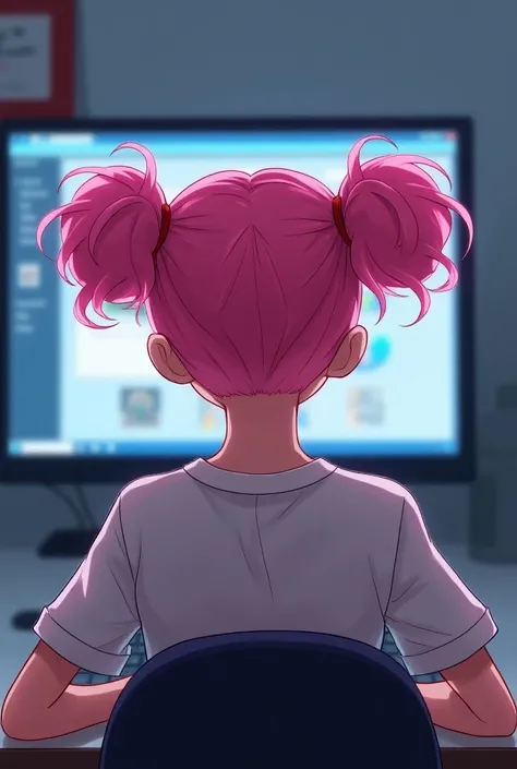 Two buns pink hair girl
Looking at a monitor screen
Facing back 
