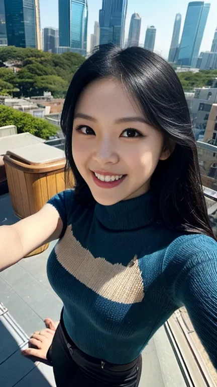 Rooftop Selfies ,  Skywalking Selfies, city, woman, Black Hair,  Confident Smile ,  seen from above ,  High Angle Shots , fish eye, Tight knit, sea