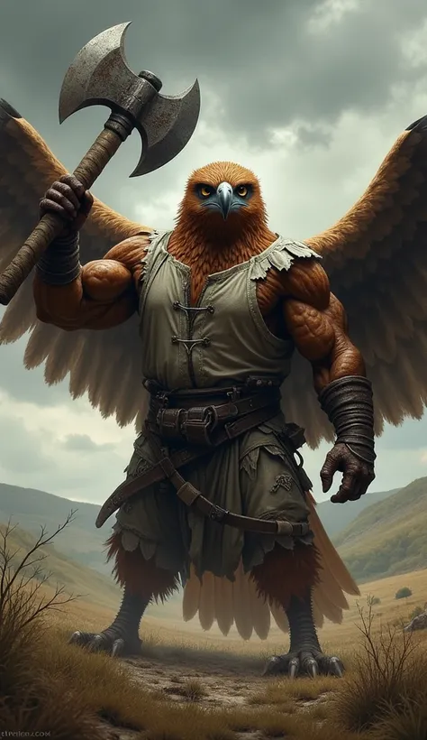 Giant muscular hawk holding axe with torn shirt from France 