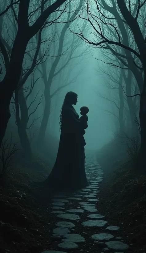 "A Dark and Gloomy Path in the Haunted Forest with the Silhouette of a Sinister Woman (resembling an evil witch) Holding a baby"