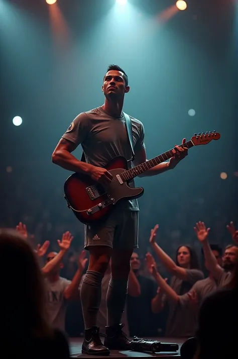 Depict an famous footballer Cristiano Ronaldo playing a guitar
on a dimly lit stage, with an audience
clapping and stage lights illuminating
the background.