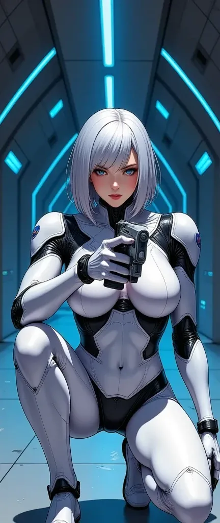 (masterpiece, best illustration ,Super detailed),( android woman),(front:2.0),( cowboy shot :2.0),( beautiful face),( beautiful eyes),( looking over here:2.0),(Serious:2.0),(Hold the gun and aim at the camera:2.0),(Point the gun at the camera:2.0),(squat:2...