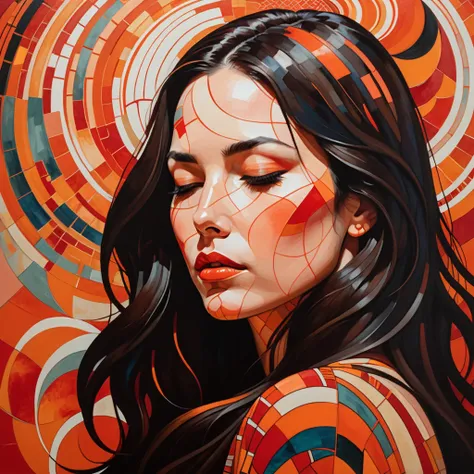 The image portrays a woman with long, dark hair and fair skin. She is depicted in profile, looking down with her eyes closed. Her expression is one of contemplation or sadness. The background features an abstract pattern that adds depth to the image. The o...