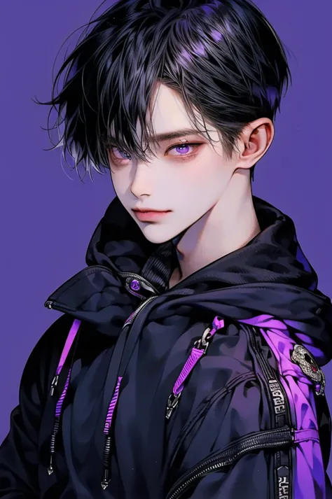 masterpiece, best quality, detailed eyes, high quaility, 1 male, male, 1 boy, gentle, soft, handsome, tall, black hair, purple e...