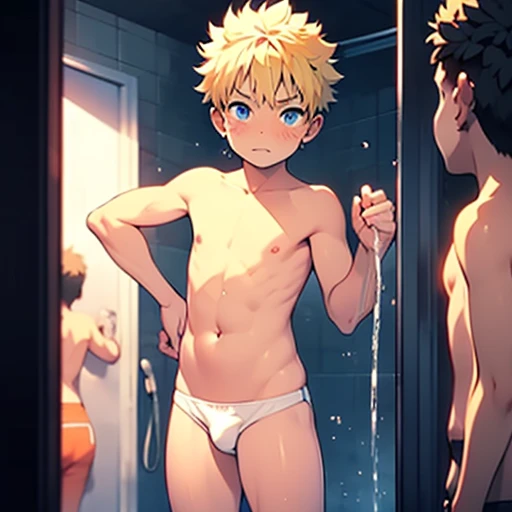 masterpiece,  gay men , two boys ,    beautiful face, shower,Mirror Penis Rub , Shota, Flat chest, Red-Faced Boy   ,     slim thighs , blond, Naruto, exposed, 