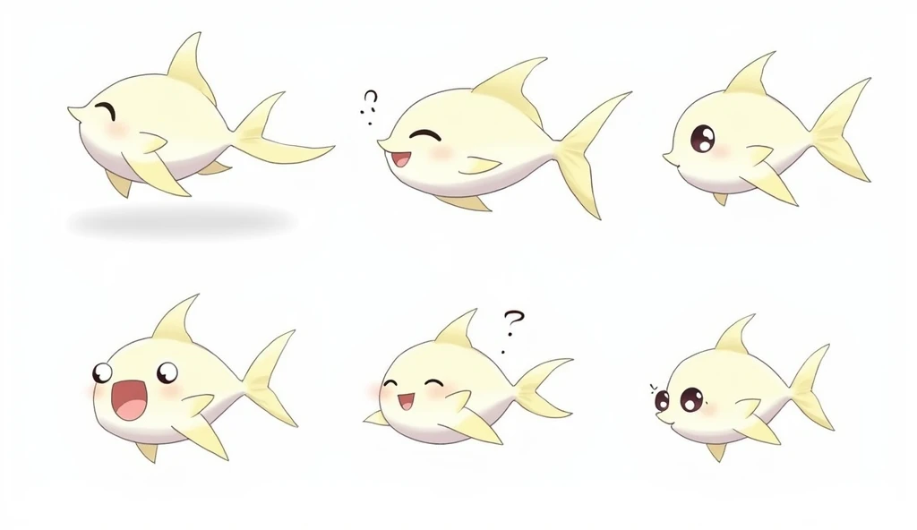 Sure! Here’s a prompt for the fish with two different poses and three expressions:

**Pose 1**: The fish is happily swimming forward, with its fins spread out and its tail swishing behind. It’s in a dynamic pose, as if gliding through the water with joy.

...