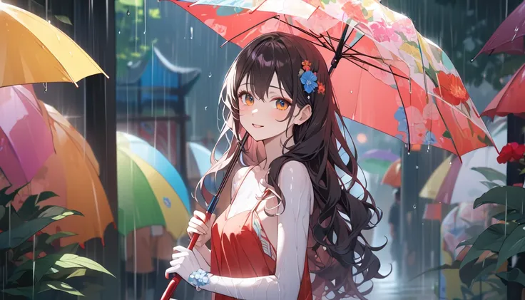 One Girl、(Delicate appearance:1.1)、(Porcelain Skin:1.2)、Long wavy hair、(With a colorful umbrella:1.3)、(A happy look:1.2)、(Eyes enjoying the rain all around:1.1)、Small breasts、break  
(soft light:1.1)、(Bright colors:1.2)、(Fun in the rain:1.1)、Convivial atmo...