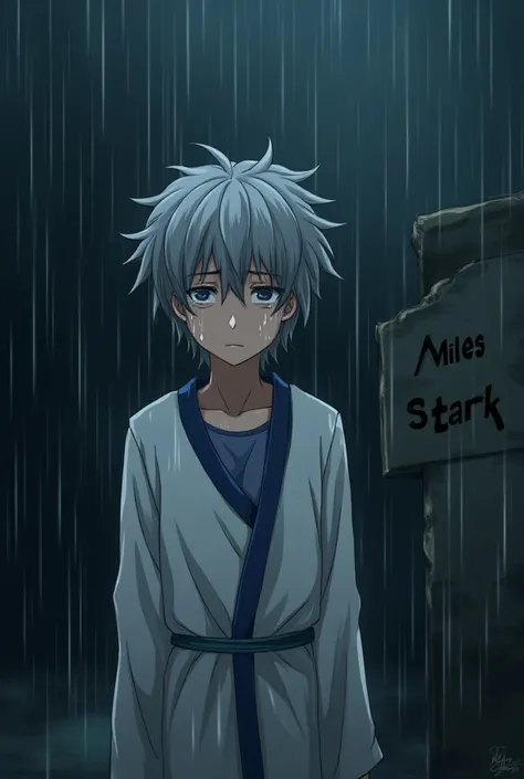 A gray-haired teenage boy wearing a white robe with blue details with a sad look crying a lot in front of a written headstone "Miles Stark " In sad weather raining anime-style 