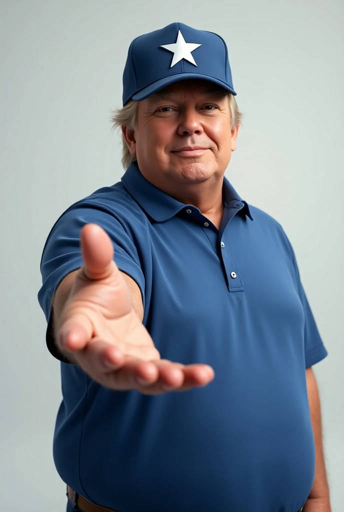 Real Donald Trump greeting with his hand standing in blue shirt and blue cap with a white star on the cap 
