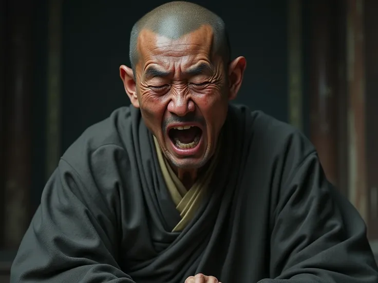 Picture a Korean monk crying tears of sorrow and fear