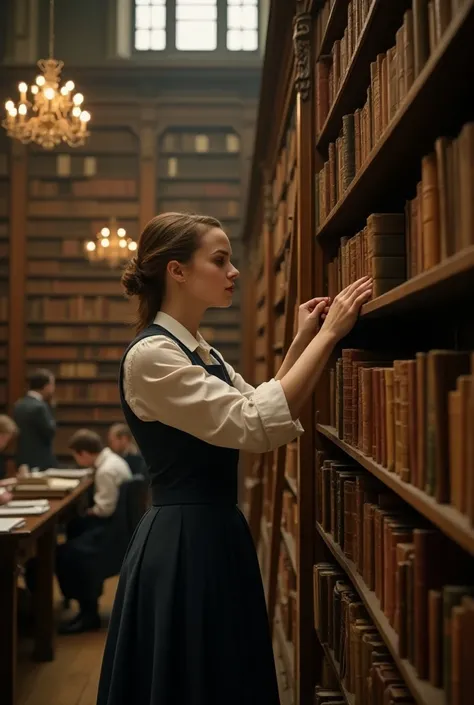 Generate a hyper-realistic image of Emma Watson dressed as a librarian in a grand, old-fashioned library, carefully arranging books on a high shelf. The scene should capture her gentle expression, the worn leather-bound books, and the antique wooden ladder...