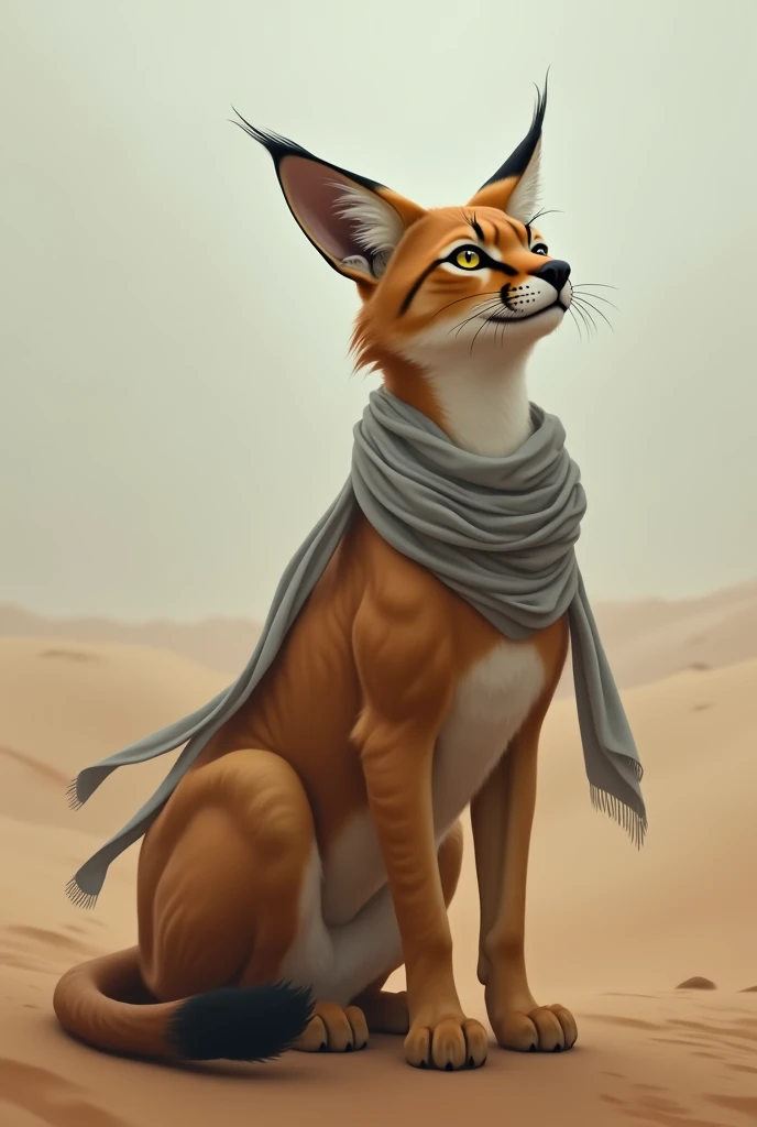 An anthropomorphic caracal, a wild feline with sleek, muscular features, gazes up at the misty sky with a calm, contemplative expression. A loose scarf drapes over his shoulders, and another wraps around his waist, fluttering gently in the desert breeze. B...