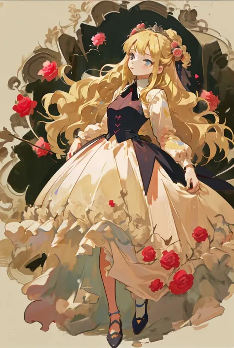 flat color painting, high definition,beautiful,Blonde,princess, Lots of Roses ,