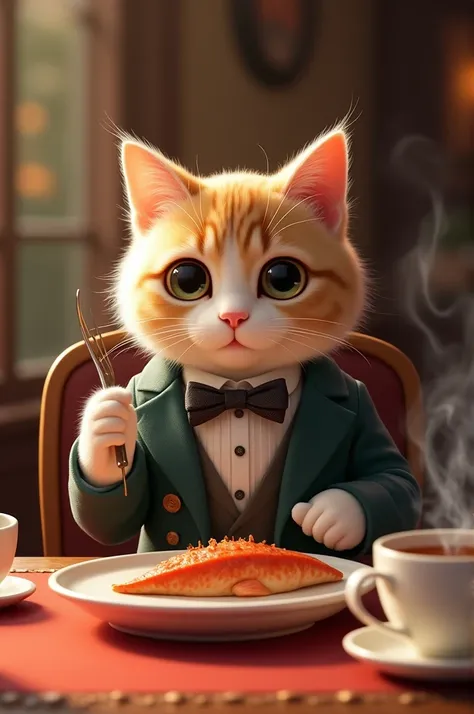 A beautifully dressed cat, perhaps in a neat little suit or with a fancy bowtie, sits at a dining table in a cozy, well-lit room. With refined manners, it holds a fork in its paw, delicately cutting into a steaming piece of hot fish on a plate. A cup of ho...