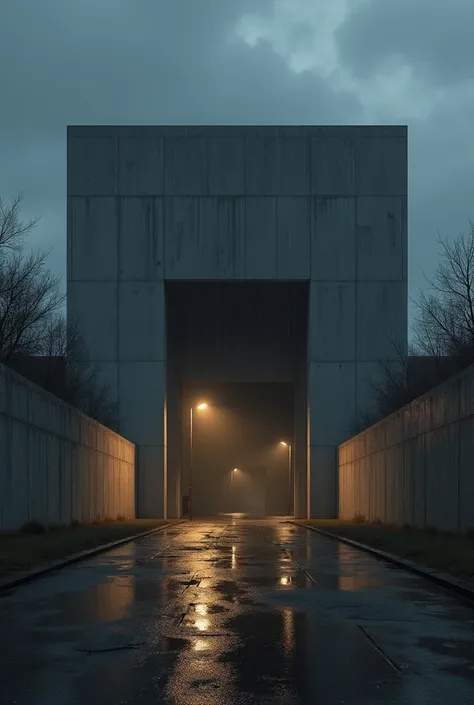  Create an imposing brutalist construction ,  with heavy geometric shapes and raw concrete walls ,  under the soft light of a drizzle . The sky noturno,  covered with dense clouds , It gives a sense of oppression.  shadows of the walls stretch ,  while the...