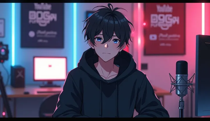 creating for character:- "Create a anime boy who have a  mature looking like a man facing in front  he is a  YouTube content creator, sitting in his studio with futuristic gadgets, and there is mic near him ,wearing black hoodie,art Daksh smiling, and ther...