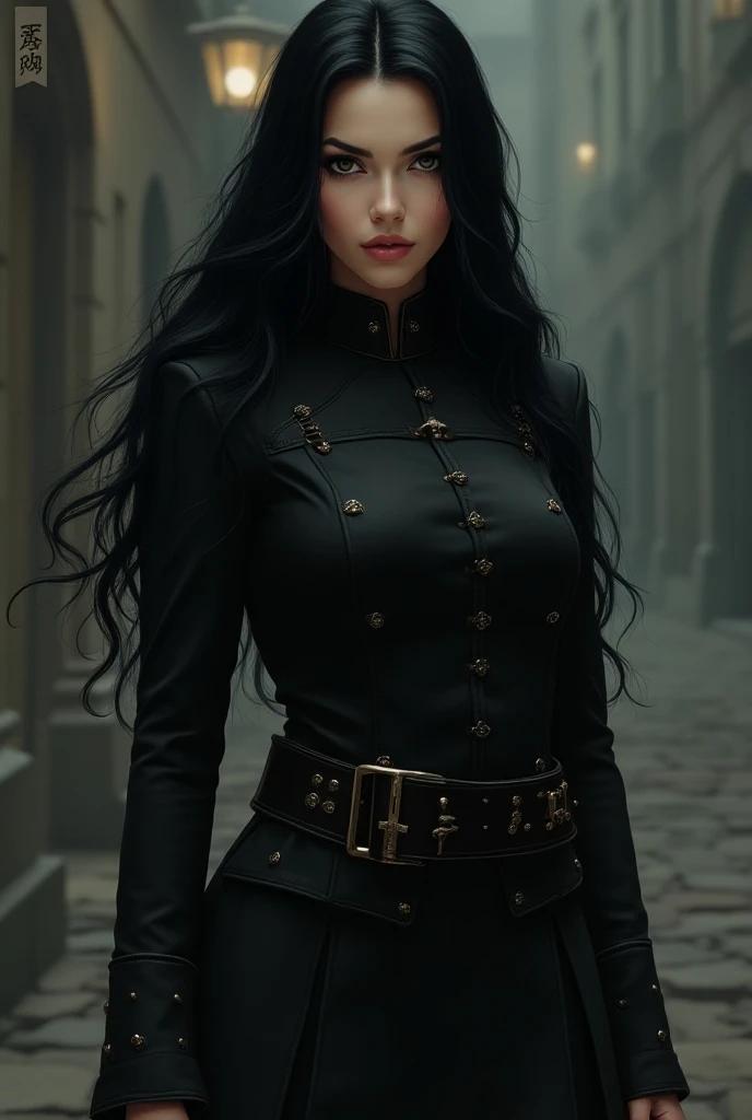 Beautiful woman, long black hair, tahitian oearl black eyes, military dress, manhwa